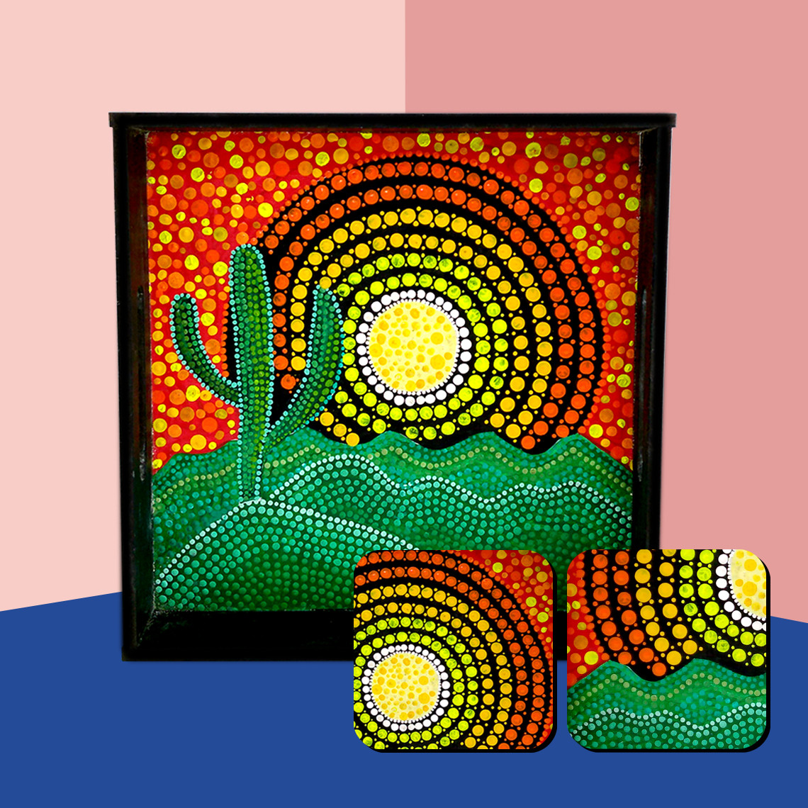 Dot Mandala Art on MDF Tray with Square Tea Coasters DIY Kit by Penkraft