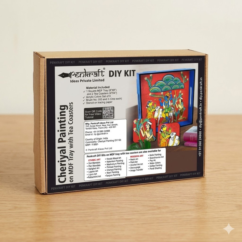 Cheriyal Painting on MDF Tray with Square Tea Coasters DIY Kit 