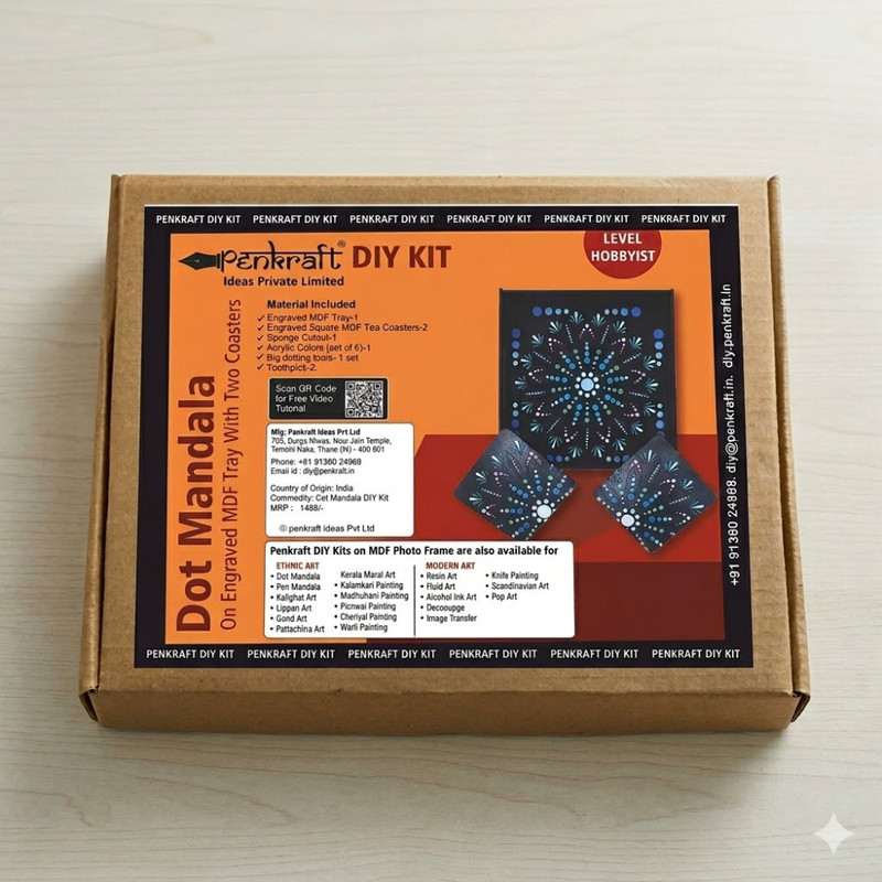 Penkraft Dot Mandala on Engraved MDF Tray with Tea Coasters Hobbyist level DIY Kit with Free video tutorial