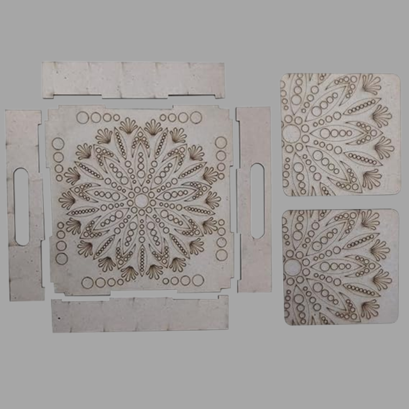 Penkraft Dot Mandala on Engraved MDF Tray with Tea Coasters Hobbyist level DIY Kit with Free video tutorial