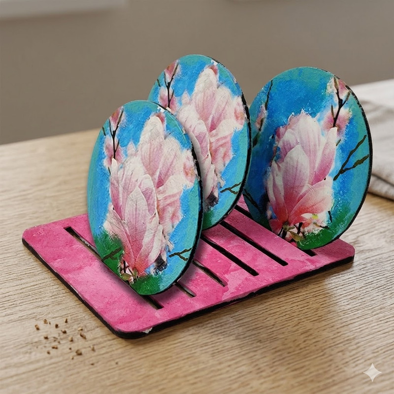 Decoupage Art on Round Tea Coasters With Stand  DIY Kit