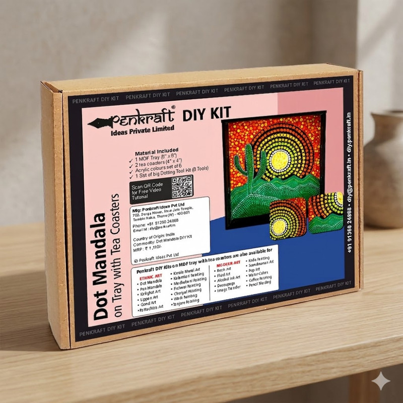 Dot Mandala Art on MDF Tray with Square Tea Coasters DIY Kit