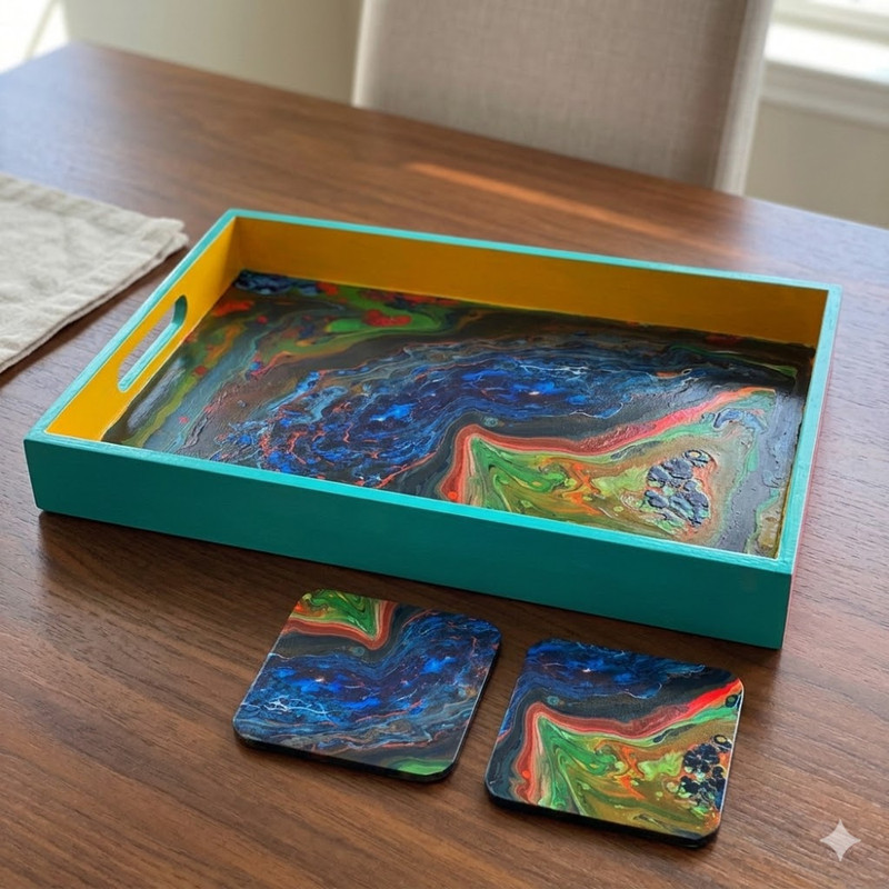 Fluid Art on MDF Tray with Square Tea coaster DIY Kit