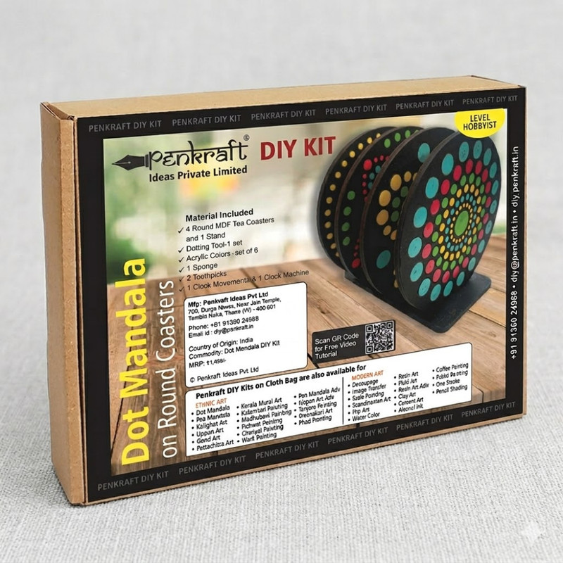 Penkraft Dot Mandala on Engraved round MDF Tea Coasters Hobbyist level DIY Kit 