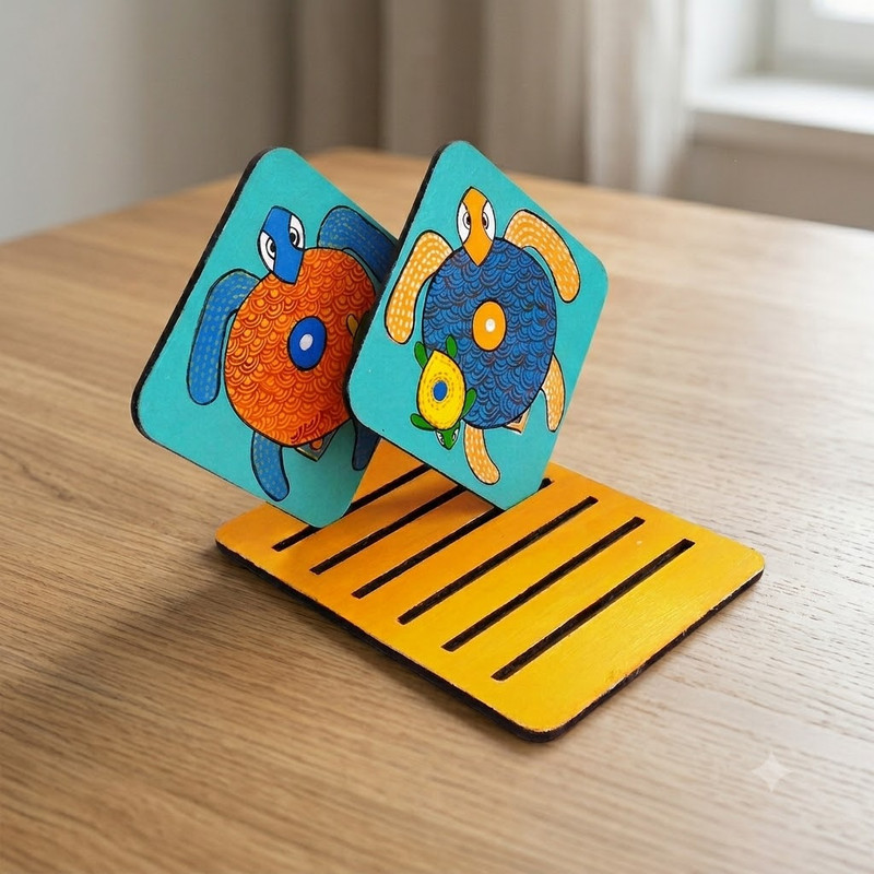 Gond art on Square Tea coasters with stand DIY Kit