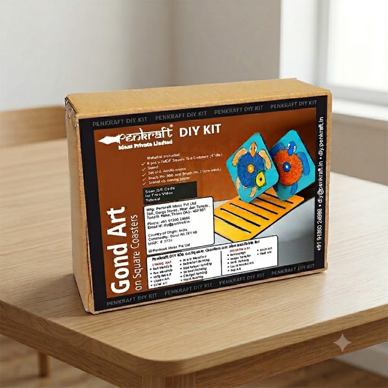 Gond art on Square Tea coasters with stand DIY Kit