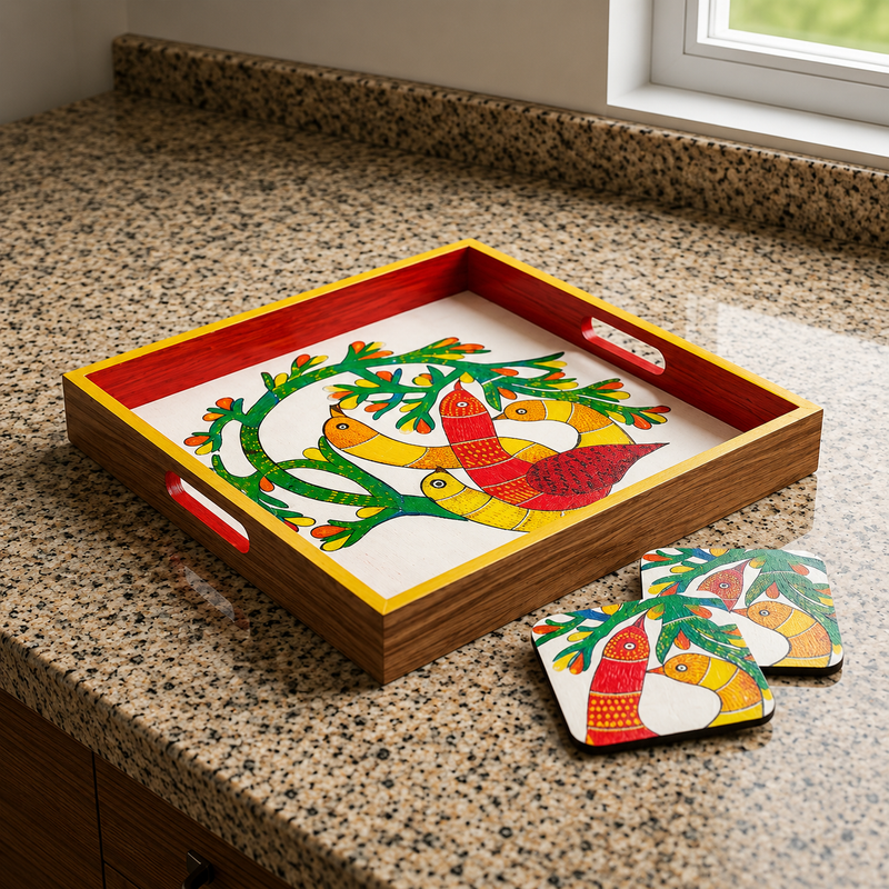Gond art on MDF Tray with square Tea coasters DIY Kit