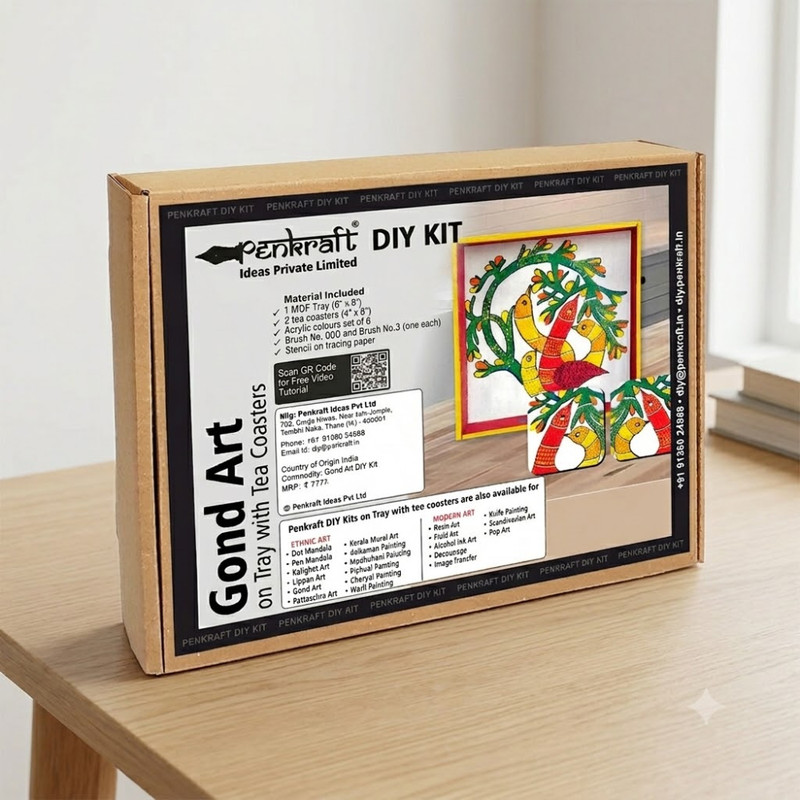 Gond art on MDF Tray with square Tea coasters DIY Kit