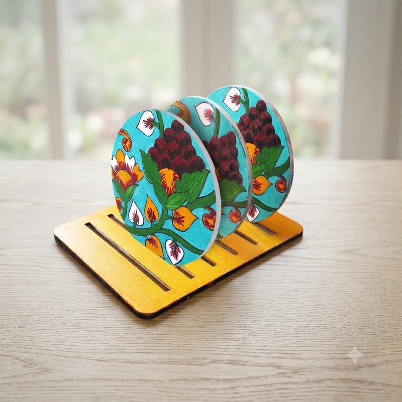 Kalamkari on Round Tea Coasters with Stand DIY Kit