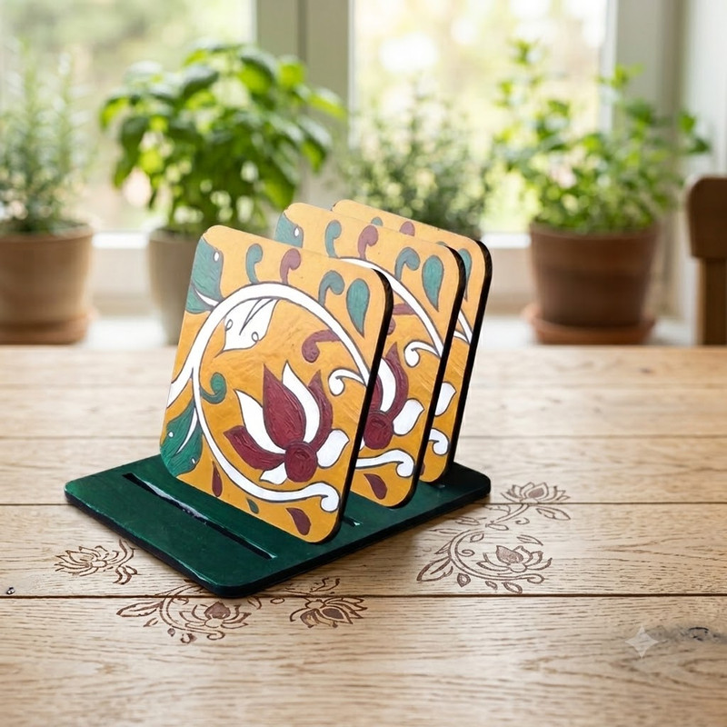Kalamkari on Square Tea Coasters with Stand DIY Kit