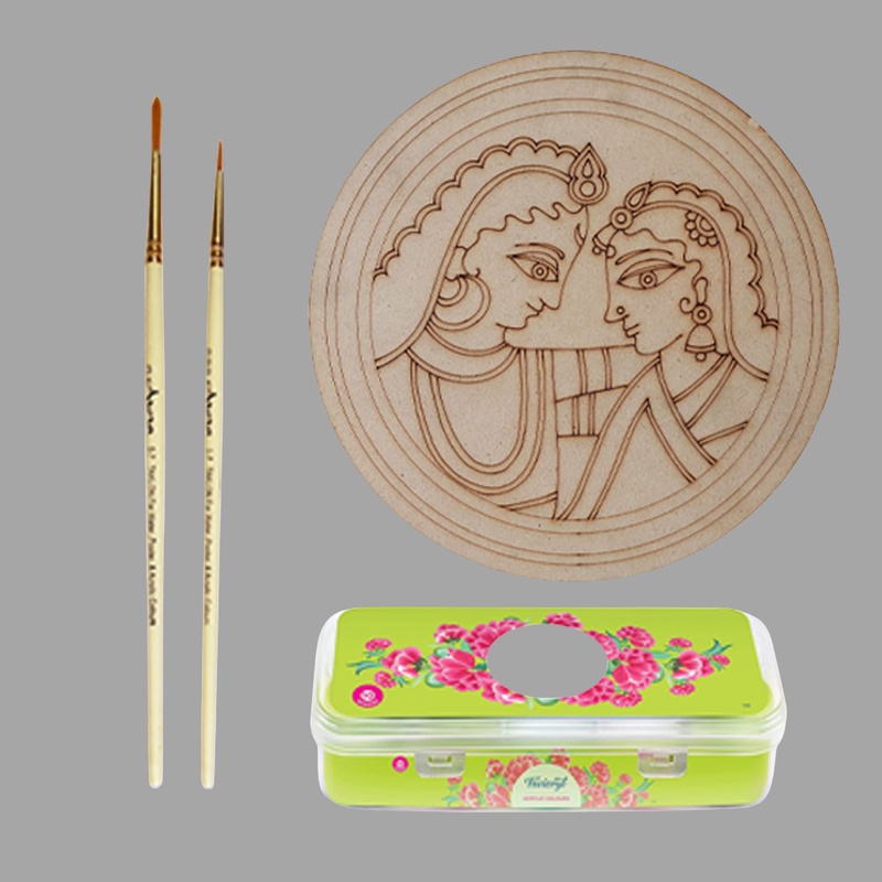 Madhubani Painting on Engraved Round MDF Board Hobbyist level DIY Kit 