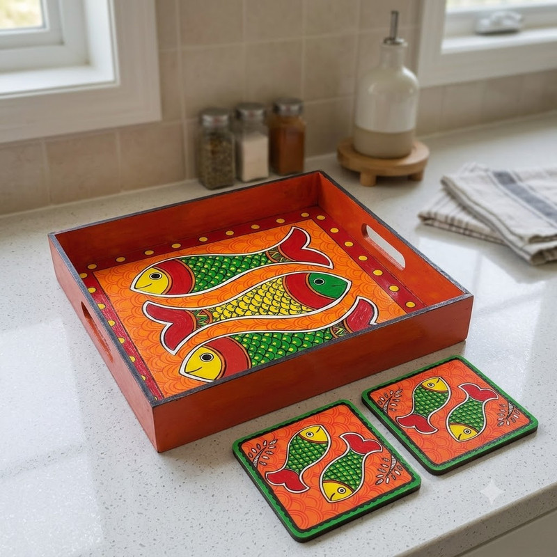 Madhubani painting on Engraved MDF Tray with Tea Coasters Hobbyist level DIY Kit 