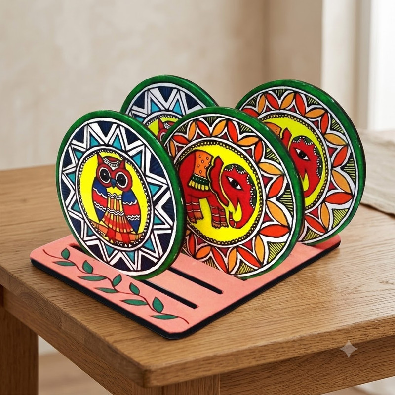 Madhubani Painting on Round Tea Coasters with Stand DIY Kit