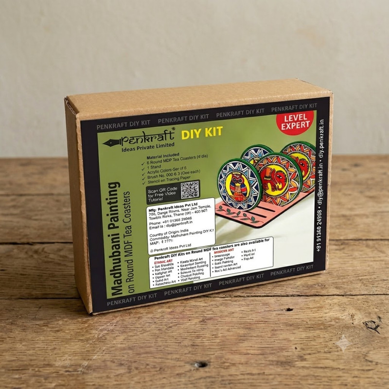 Madhubani Painting on Round Tea Coasters with Stand DIY Kit