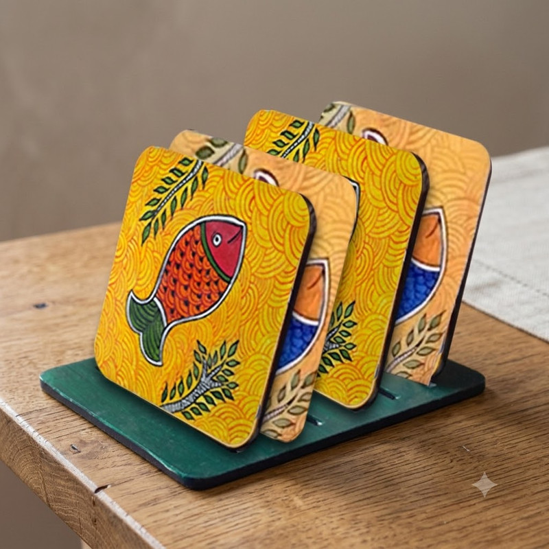 Madhubani Painting on Square Tea Coasters with Stand DIY Kit