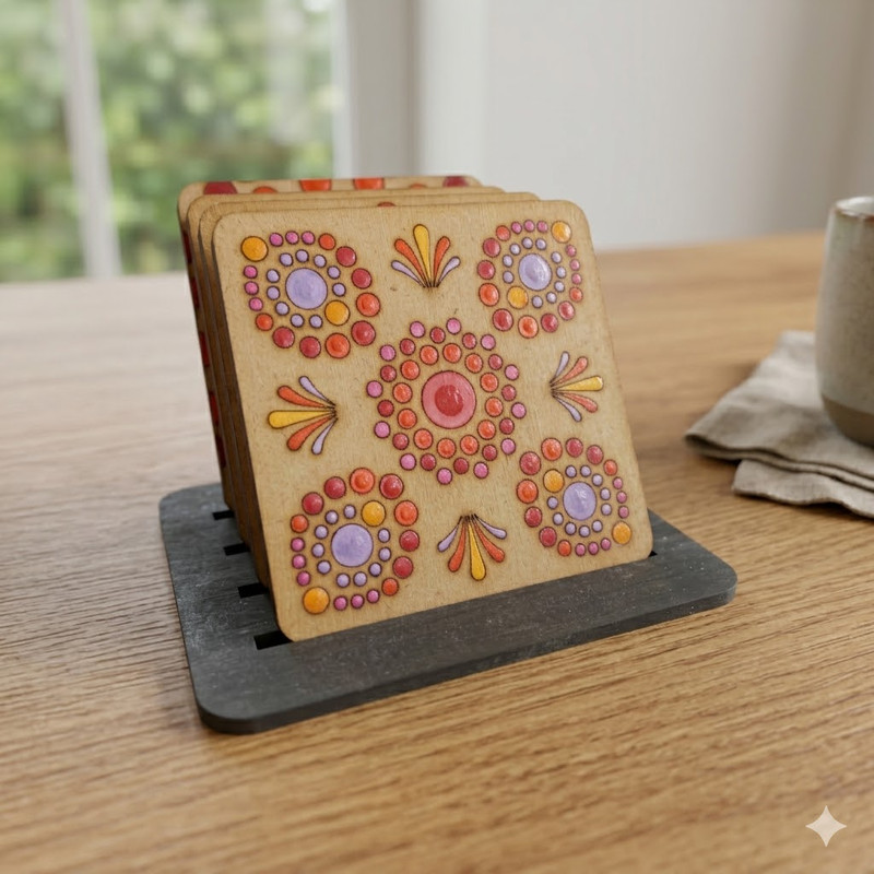 Penkraft Dot Mandala on Engraved Square MDF Tea Coasters Hobbyist Level DIY Kit 