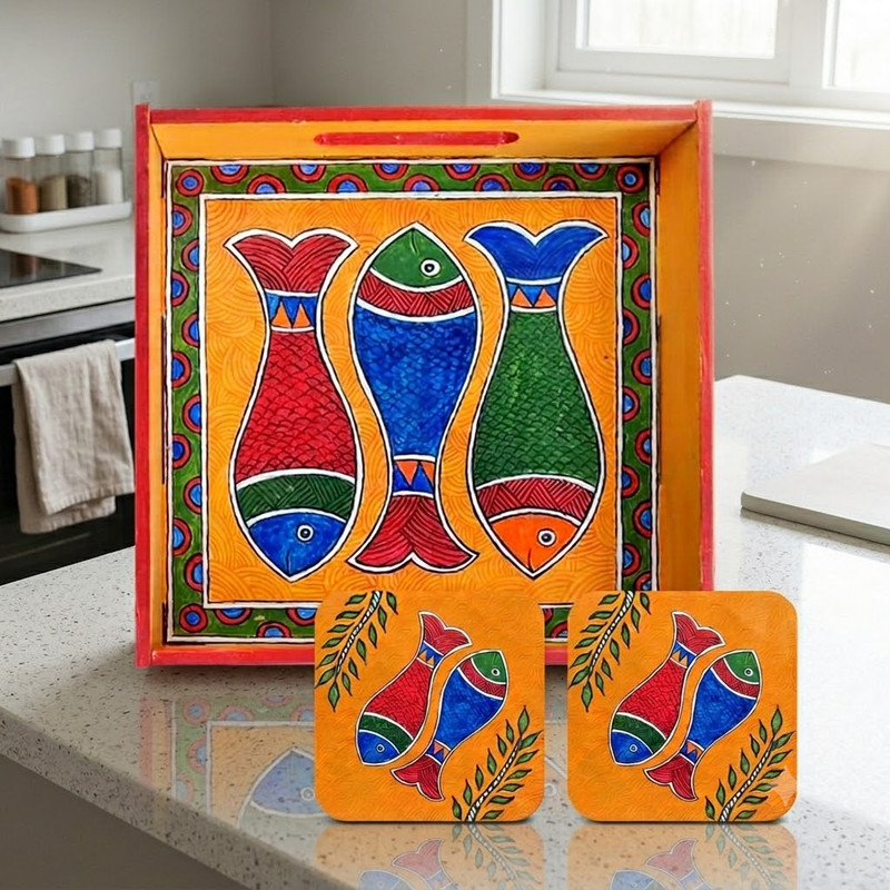 Madhubani Painting on MDF Tray with Square Tea Coasters DIY Kit