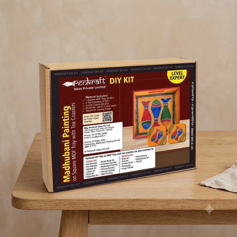 Madhubani Painting on MDF Tray with Square Tea Coasters DIY Kit