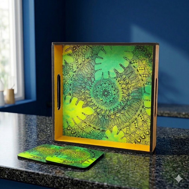 Pen Mandala on MDF Tray with Square Tea Coasters DIY Kit