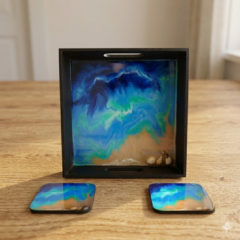 Resin Art on MDF Tray with Square Tea Coasters DIY Kit
