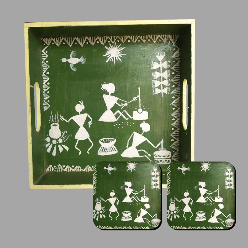 Warli Painting on MDF Tray with Square Tea Coasters DIY Kit